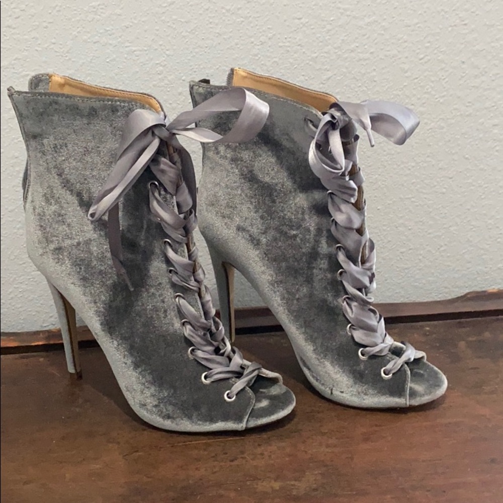 Grey velvet, lace up shoes